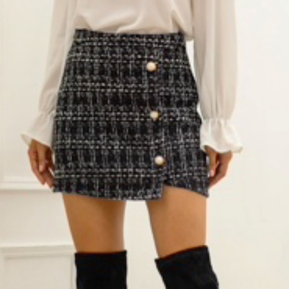 Tweed Pearls Button Front Wrap Skirt